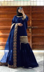 Women's Stitched Shamoz Silk Embroidered Ghararah Suits Color Blue