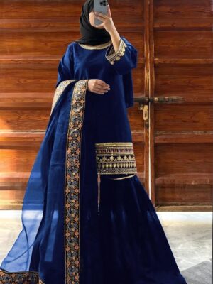 Women's Stitched Shamoz Silk Embroidered Ghararah Suits Color Blue