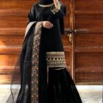 Women's Stitched Shamoz Silk Embroidered Ghararah Suits -Color Black