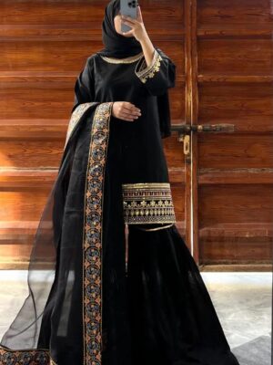 Women's Stitched Shamoz Silk Embroidered Ghararah Suits -Color Black