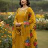 Women's 3Pc Unstitched Organza Sequins Embroidered Suits Color Yellow