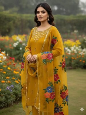 Women's 3Pc Unstitched Organza Sequins Embroidered Suits Color Yellow
