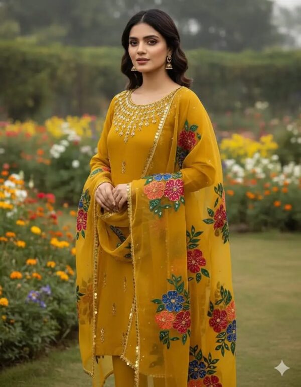Women's 3Pc Unstitched Organza Sequins Embroidered Suits Color Yellow
