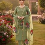 Women's 3Pc Unstitched Organza Sequins Embroidered Suits Color Green