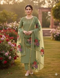 Women's 3Pc Unstitched Organza Sequins Embroidered Suits Color Green
