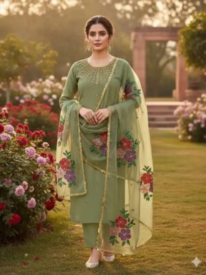 Women's 3Pc Unstitched Organza Sequins Embroidered Suits Color Green