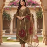 Women's 3Pc Unstitched Organza Sequins Embroidered Suits Color Mustard