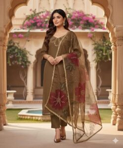 Women's 3Pc Unstitched Organza Sequins Embroidered Suits Color Mustard
