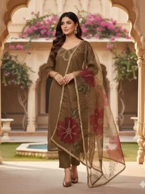 Women's 3Pc Unstitched Organza Sequins Embroidered Suits Color Mustard