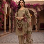 Women's 3Pc Unstitched Organza Sequins Embroidered Suits Color Beige