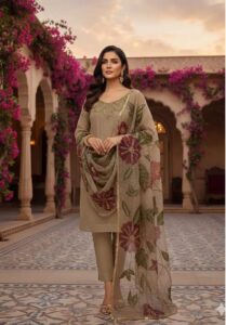 Women's 3Pc Unstitched Organza Sequins Embroidered Suits Color Beige