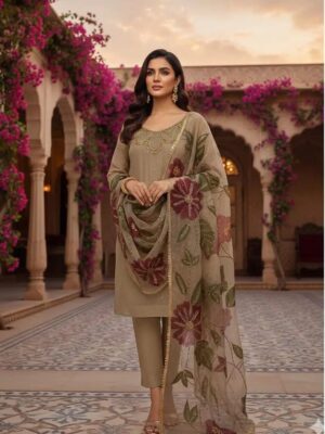 Women's 3Pc Unstitched Organza Sequins Embroidered Suits Color Beige
