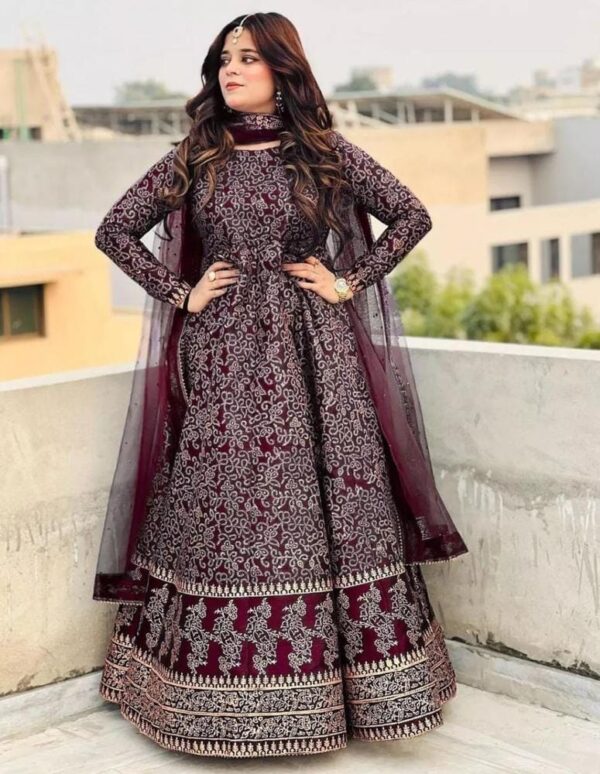 Women's 3Pc Katan Silk Printed Maxi Suits Color Maroon