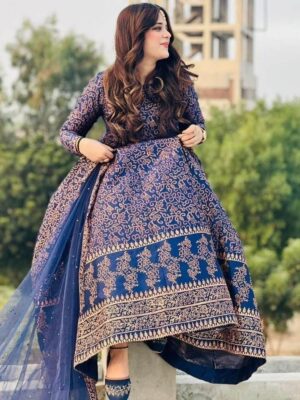 Women's 3Pc Katan Silk Golden Floral Embroidery Maxi Suits