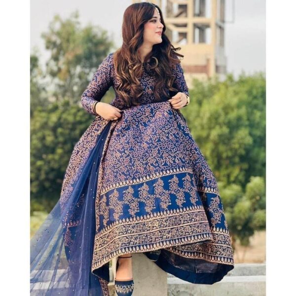 Women's 3Pc Katan Silk Golden Floral Embroidery Maxi Suits