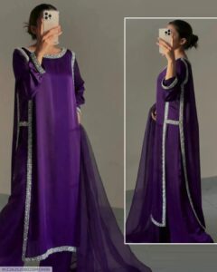 Women's 3Pc Stitched Silk Suit Laced Work Color Purple
