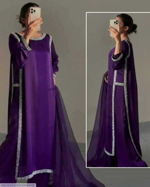 Women's 3Pc Stitched Silk Suit Laced Work Color Purple