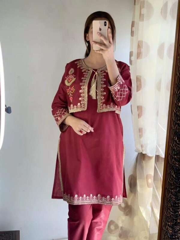 Women's 2Pc Cotton Lawn Sequins Embroidered Suits -Color Maroon