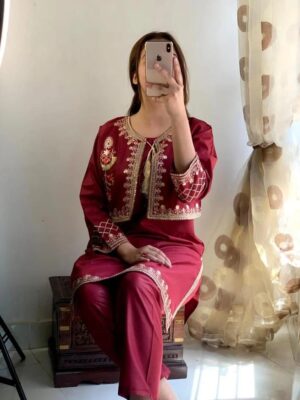 Women's 2Pc Cotton Lawn Sequins Embroidered Suits -Color Maroon