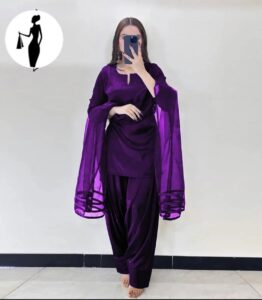 Women's 3Pc Stitched Shamoz Silk Farshi Shalwar Suit with Organza Dupatta Color Purple
