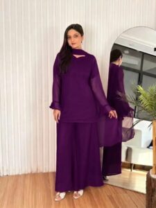 Women's 3Pc Stitched Chiffon Suits with Palazzo Dupatta -Color Purple