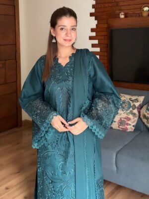 Women's 3Pc Lawn Cotton Embroidered  Stylish Suits -Color Teal Green