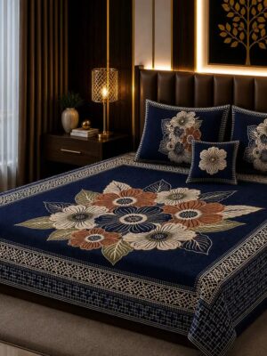 Double Bedsheet 4Pc Printed Velvet Jacquard Color Blue