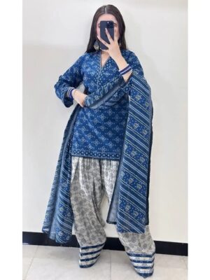 Women's 3Pc Polly Lawn Digital Printed Suits -Color Blue